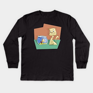 Cat and Goldfish Friends Kids Long Sleeve T-Shirt